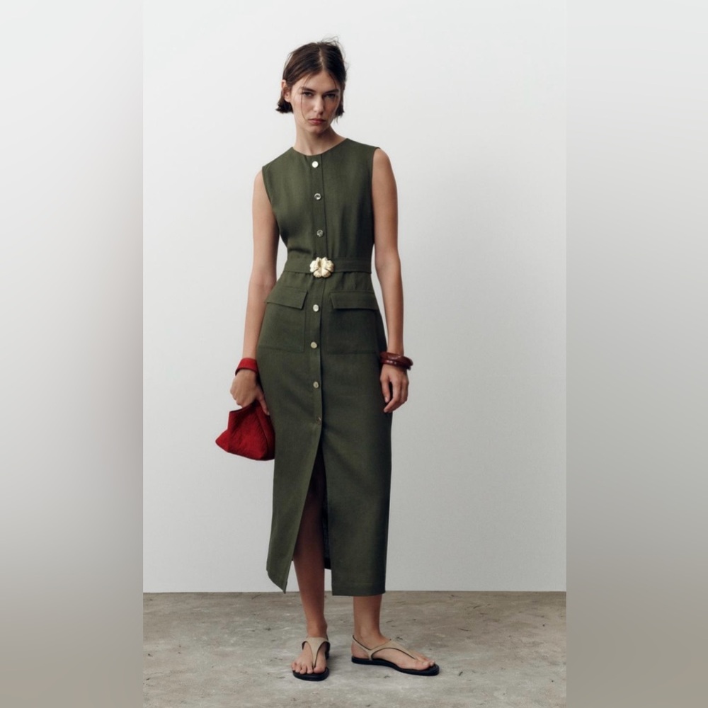 NWT‼️ LINEN BELTED MIDI DRESS - Picture 2 of 4